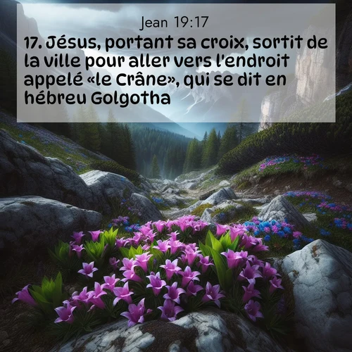 Segond21 Évangile selon Jean  ; image nature: image avec le verset biblique :Jésus, portant sa croix, sortit de la ville pour aller vers l&#039;endroit appelé «le Crâne», qui se dit en hébreu Golgotha. ;  ; 19:17