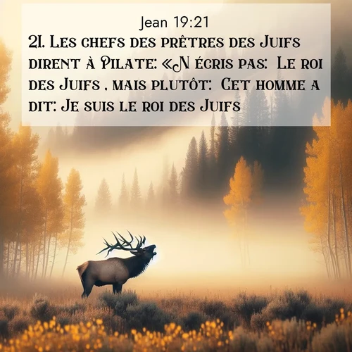 Segond21 Évangile selon Jean  ; image nature: image avec le verset biblique :Les chefs des prêtres des Juifs dirent à Pilate: «N&#039;écris pas: &#039;Le roi des Juifs&#039;, mais plutôt: &#039;Cet homme a dit: Je suis le roi des Juifs.&#039;» ;  ; 19:21