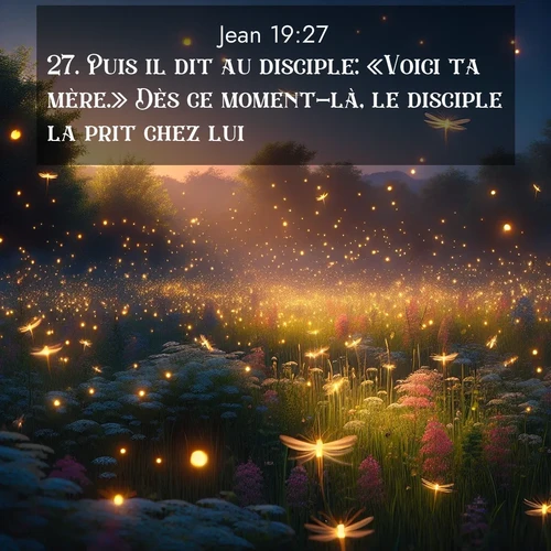Segond21 Évangile selon Jean  ; image nature: image avec le verset biblique :Puis il dit au disciple: «Voici ta mère.» Dès ce moment-là, le disciple la prit chez lui. ;  ; 19:27