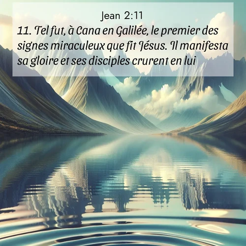Segond21 Évangile selon Jean  ; image nature: image avec le verset biblique :Tel fut, à Cana en Galilée, le premier des signes miraculeux que fit Jésus. Il manifesta sa gloire et ses disciples crurent en lui. ;  ; 2:11