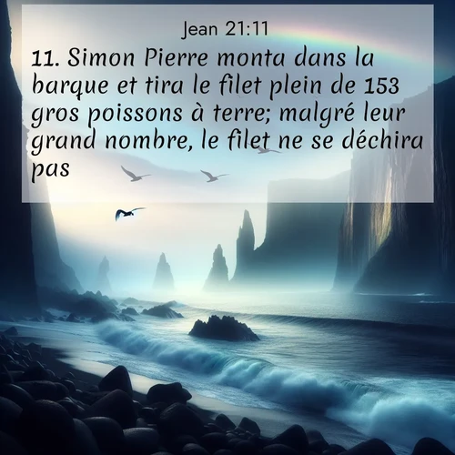 Segond21 Évangile selon Jean  ; image nature: image avec le verset biblique :Simon Pierre monta dans la barque et tira le filet plein de 153 gros poissons à terre; malgré leur grand nombre, le filet ne se déchira pas. ;  ; 21:11