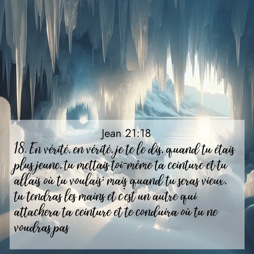 Segond21 Évangile selon Jean  ; image nature: image avec le verset biblique :En vérité, en vérité, je te le dis, quand tu étais plus jeune, tu mettais toi-même ta ceinture et tu allais où tu voulais; mais quand tu seras vieux, tu tendras les mains et c&#039;est un autre qui attachera ta ceinture et te conduira où tu ne voudras pas.» ;  ; 21:18