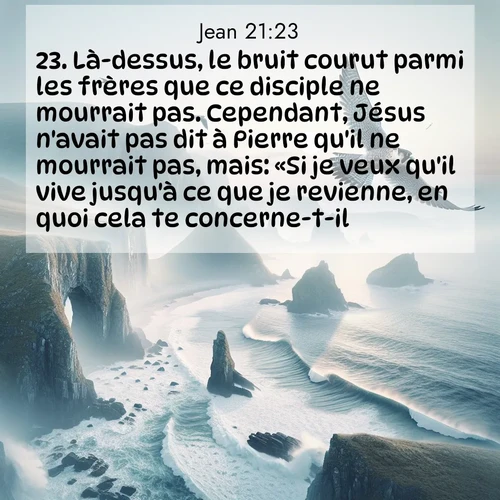 Segond21 Évangile selon Jean  ; image nature: image avec le verset biblique :Là-dessus, le bruit courut parmi les frères que ce disciple ne mourrait pas. Cependant, Jésus n&#039;avait pas dit à Pierre qu&#039;il ne mourrait pas, mais: «Si je veux qu&#039;il vive jusqu&#039;à ce que je revienne, en quoi cela te concerne-t-il?» ;  ; 21:23