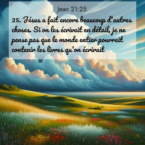 Segond21 Évangile selon Jean  ; image nature: image avec le verset biblique :Jésus a fait encore beaucoup d&#039;autres choses. Si on les écrivait en détail, je ne pense pas que le monde entier pourrait contenir les livres qu&#039;on écrirait. ;  ; 21:25