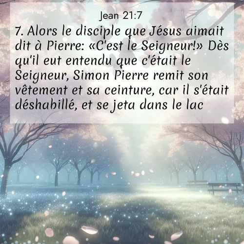 Segond21 Évangile selon Jean  ; image nature: image avec le verset biblique :Alors le disciple que Jésus aimait dit à Pierre: «C&#039;est le Seigneur!» Dès qu&#039;il eut entendu que c&#039;était le Seigneur, Simon Pierre remit son vêtement et sa ceinture, car il s&#039;était déshabillé, et se jeta dans le lac. ;  ; 21:7