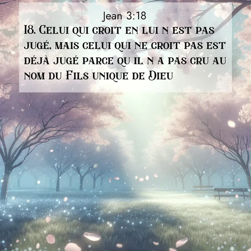 Segond21 Évangile selon Jean  ; image nature: image avec le verset biblique :Celui qui croit en lui n&#039;est pas jugé, mais celui qui ne croit pas est déjà jugé parce qu&#039;il n&#039;a pas cru au nom du Fils unique de Dieu. ;  ; 3:18