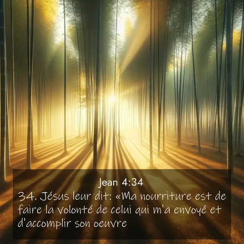 Segond21 Évangile selon Jean  ; image nature: image avec le verset biblique :Jésus leur dit: «Ma nourriture est de faire la volonté de celui qui m&#039;a envoyé et d&#039;accomplir son oeuvre. ;  ; 4:34