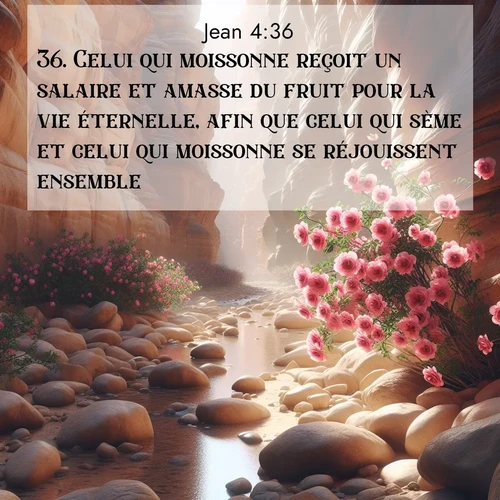 Segond21 Évangile selon Jean  ; image nature: image avec le verset biblique :Celui qui moissonne reçoit un salaire et amasse du fruit pour la vie éternelle, afin que celui qui sème et celui qui moissonne se réjouissent ensemble. ;  ; 4:36