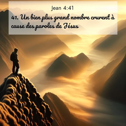 Segond21 Évangile selon Jean  ; image nature: image avec le verset biblique :Un bien plus grand nombre crurent à cause des paroles de Jésus, ;  ; 4:41