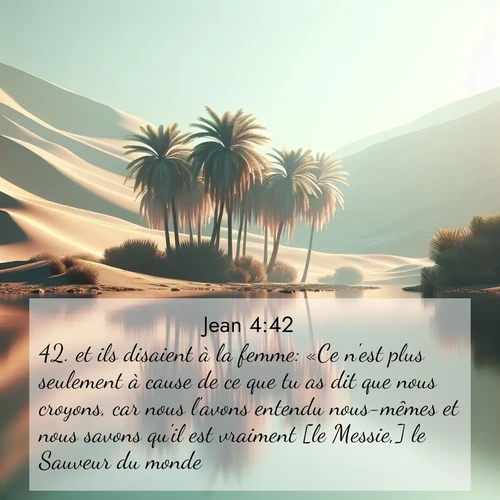 Segond21 Évangile selon Jean  ; image nature: image avec le verset biblique :et ils disaient à la femme: «Ce n&#039;est plus seulement à cause de ce que tu as dit que nous croyons, car nous l&#039;avons entendu nous-mêmes et nous savons qu&#039;il est vraiment [le Messie,] le Sauveur du monde.» ;  ; 4:42