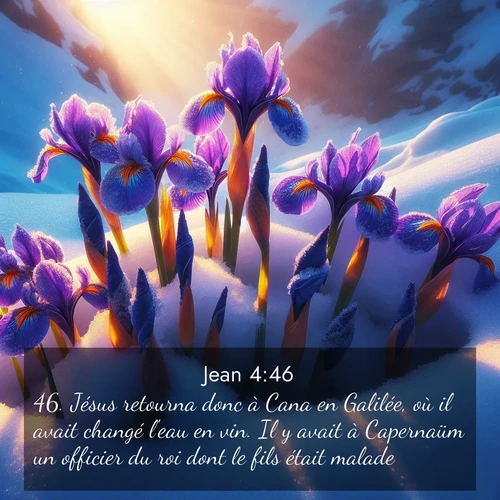 Segond21 Évangile selon Jean  ; image nature: image avec le verset biblique :Jésus retourna donc à Cana en Galilée, où il avait changé l&#039;eau en vin. Il y avait à Capernaüm un officier du roi dont le fils était malade. ;  ; 4:46