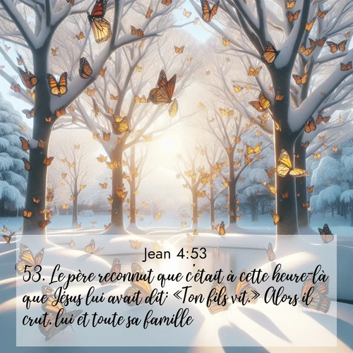 Segond21 Évangile selon Jean  ; image nature: image avec le verset biblique :Le père reconnut que c&#039;était à cette heure-là que Jésus lui avait dit: «Ton fils vit.» Alors il crut, lui et toute sa famille. ;  ; 4:53