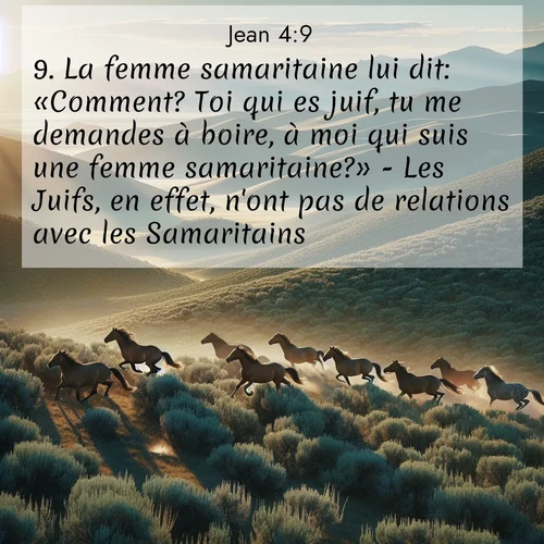Segond21 Évangile selon Jean  ; image nature: image avec le verset biblique :La femme samaritaine lui dit: «Comment? Toi qui es juif, tu me demandes à boire, à moi qui suis une femme samaritaine?» - Les Juifs, en effet, n&#039;ont pas de relations avec les Samaritains. - ;  ; 4:9
