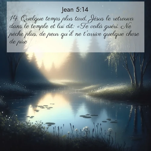 Segond21 Évangile selon Jean  ; image nature: image avec le verset biblique :Quelque temps plus tard, Jésus le retrouva dans le temple et lui dit: «Te voilà guéri. Ne pèche plus, de peur qu&#039;il ne t&#039;arrive quelque chose de pire.» ;  ; 5:14