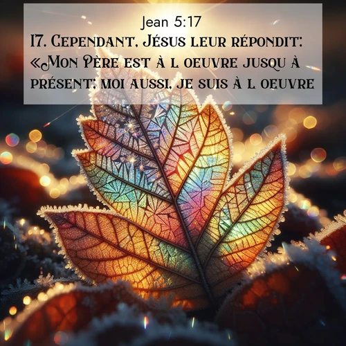 Segond21 Évangile selon Jean  ; image nature: image avec le verset biblique :Cependant, Jésus leur répondit: «Mon Père est à l&#039;oeuvre jusqu&#039;à présent; moi aussi, je suis à l&#039;oeuvre.» ;  ; 5:17