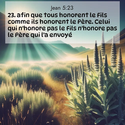 Segond21 Évangile selon Jean  ; image nature: image avec le verset biblique :afin que tous honorent le Fils comme ils honorent le Père. Celui qui n&#039;honore pas le Fils n&#039;honore pas le Père qui l&#039;a envoyé. ;  ; 5:23