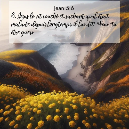 Segond21 Évangile selon Jean  ; image nature: image avec le verset biblique :Jésus le vit couché et, sachant qu&#039;il était malade depuis longtemps, il lui dit: «Veux-tu être guéri?» ;  ; 5:6