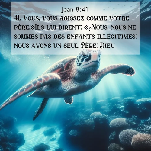 Segond21 Évangile selon Jean  ; image nature: image avec le verset biblique :Vous, vous agissez comme votre père.»Ils lui dirent: «Nous, nous ne sommes pas des enfants illégitimes; nous avons un seul Père: Dieu.» ;  ; 8:41