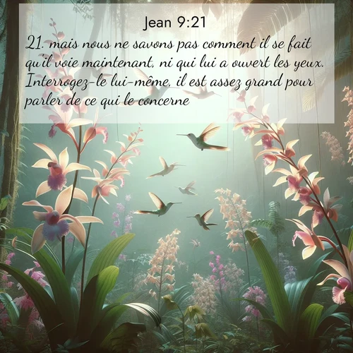 Segond21 Évangile selon Jean  ; image nature: image avec le verset biblique :mais nous ne savons pas comment il se fait qu&#039;il voie maintenant, ni qui lui a ouvert les yeux. Interrogez-le lui-même, il est assez grand pour parler de ce qui le concerne.» ;  ; 9:21