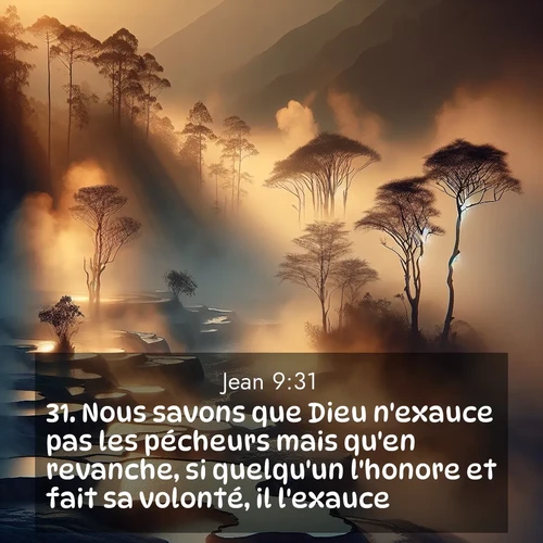 Segond21 Évangile selon Jean  ; image nature: image avec le verset biblique :Nous savons que Dieu n&#039;exauce pas les pécheurs mais qu&#039;en revanche, si quelqu&#039;un l&#039;honore et fait sa volonté, il l&#039;exauce. ;  ; 9:31