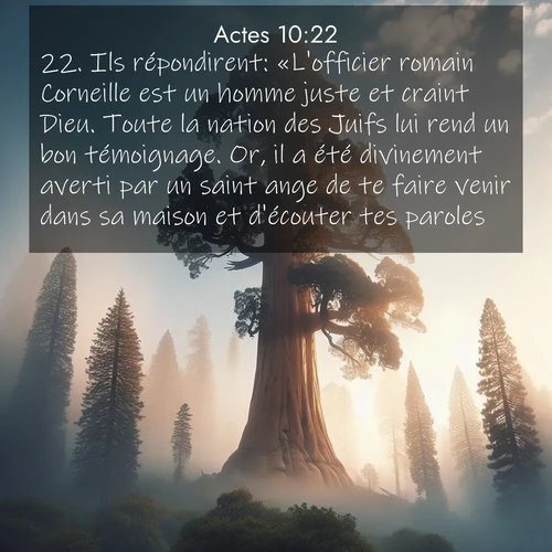 Segond21 Actes  ; image nature: image avec le verset biblique :Ils répondirent: «L&#039;officier romain Corneille est un homme juste et craint Dieu. Toute la nation des Juifs lui rend un bon témoignage. Or, il a été divinement averti par un saint ange de te faire venir dans sa maison et d&#039;écouter tes paroles.» ;  ; 10:22