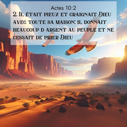 Segond21 Actes  ; image nature: image avec le verset biblique :Il était pieux et craignait Dieu avec toute sa maison; il donnait beaucoup d&#039;argent au peuple et ne cessait de prier Dieu. ;  ; 10:2