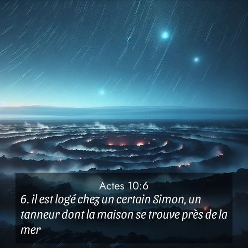 Segond21 Actes  ; image nature: image avec le verset biblique :il est logé chez un certain Simon, un tanneur dont la maison se trouve près de la mer.» ;  ; 10:6
