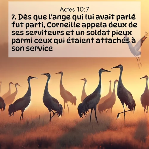 Segond21 Actes  ; image nature: image avec le verset biblique :Dès que l&#039;ange qui lui avait parlé fut parti, Corneille appela deux de ses serviteurs et un soldat pieux parmi ceux qui étaient attachés à son service; ;  ; 10:7
