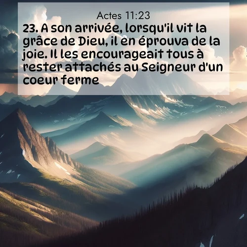 Segond21 Actes  ; image nature: image avec le verset biblique :A son arrivée, lorsqu&#039;il vit la grâce de Dieu, il en éprouva de la joie. Il les encourageait tous à rester attachés au Seigneur d&#039;un coeur ferme, ;  ; 11:23