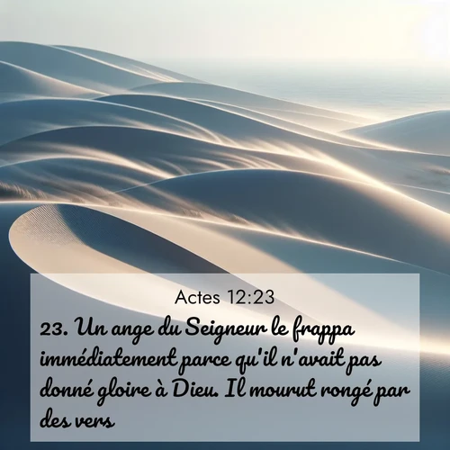 Segond21 Actes  ; image nature: image avec le verset biblique :Un ange du Seigneur le frappa immédiatement parce qu&#039;il n&#039;avait pas donné gloire à Dieu. Il mourut rongé par des vers. ;  ; 12:23