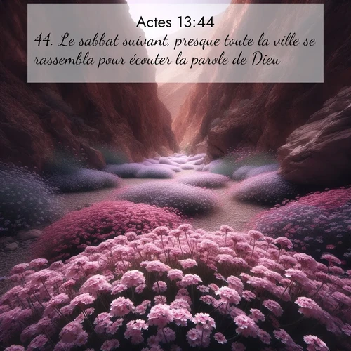 Segond21 Actes  ; image nature: image avec le verset biblique :Le sabbat suivant, presque toute la ville se rassembla pour écouter la parole de Dieu. ;  ; 13:44
