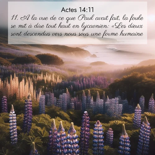 Segond21 Actes  ; image nature: image avec le verset biblique :A la vue de ce que Paul avait fait, la foule se mit à dire tout haut en lycaonien: «Les dieux sont descendus vers nous sous une forme humaine.» ;  ; 14:11