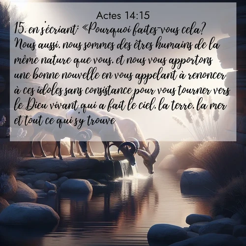 Segond21 Actes  ; image nature: image avec le verset biblique :en s&#039;écriant: «Pourquoi faites-vous cela? Nous aussi, nous sommes des êtres humains de la même nature que vous, et nous vous apportons une bonne nouvelle en vous appelant à renoncer à ces idoles sans consistance pour vous tourner vers le Dieu vivant qui a fait le ciel, la terre, la mer et tout ce qui s&#039;y trouve. ;  ; 14:15