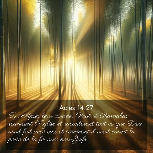 Segond21 Actes  ; image nature: image avec le verset biblique :Après leur arrivée, Paul et Barnabas réunirent l&#039;Eglise et racontèrent tout ce que Dieu avait fait avec eux et comment il avait ouvert la porte de la foi aux non-Juifs. ;  ; 14:27