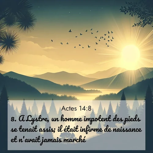 Segond21 Actes  ; image nature: image avec le verset biblique :A Lystre, un homme impotent des pieds se tenait assis; il était infirme de naissance et n&#039;avait jamais marché. ;  ; 14:8