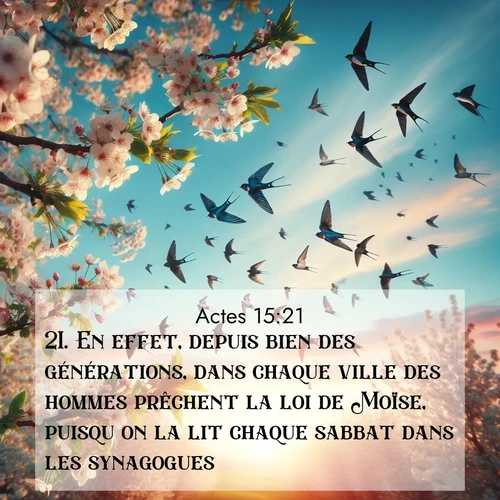 Segond21 Actes  ; image nature: image avec le verset biblique :En effet, depuis bien des générations, dans chaque ville des hommes prêchent la loi de Moïse, puisqu&#039;on la lit chaque sabbat dans les synagogues.» ;  ; 15:21