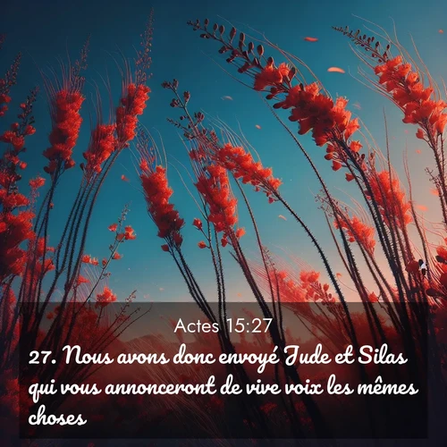 Segond21 Actes  ; image nature: image avec le verset biblique :Nous avons donc envoyé Jude et Silas qui vous annonceront de vive voix les mêmes choses. ;  ; 15:27