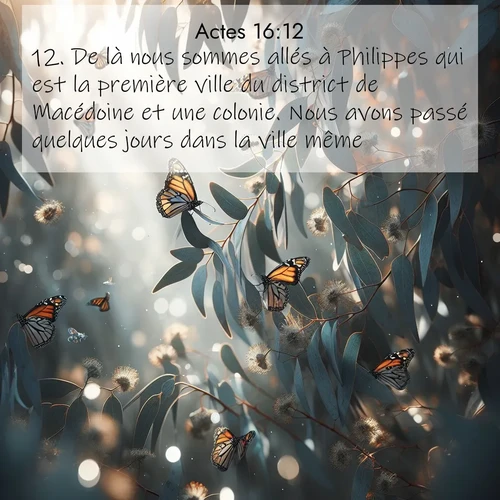 Segond21 Actes  ; image nature: image avec le verset biblique :De là nous sommes allés à Philippes qui est la première ville du district de Macédoine et une colonie. Nous avons passé quelques jours dans la ville même. ;  ; 16:12