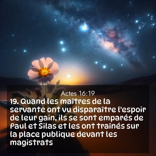 Segond21 Actes  ; image nature: image avec le verset biblique :Quand les maîtres de la servante ont vu disparaître l&#039;espoir de leur gain, ils se sont emparés de Paul et Silas et les ont traînés sur la place publique devant les magistrats. ;  ; 16:19