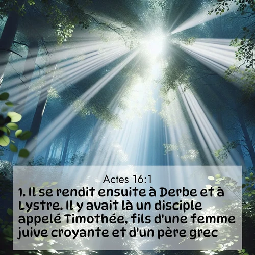 Segond21 Actes  ; image nature: image avec le verset biblique :Il se rendit ensuite à Derbe et à Lystre. Il y avait là un disciple appelé Timothée, fils d&#039;une femme juive croyante et d&#039;un père grec. ;  ; 16:1