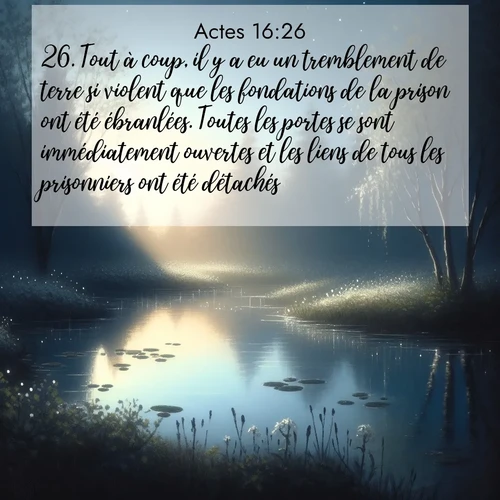 Segond21 Actes  ; image nature: image avec le verset biblique :Tout à coup, il y a eu un tremblement de terre si violent que les fondations de la prison ont été ébranlées. Toutes les portes se sont immédiatement ouvertes et les liens de tous les prisonniers ont été détachés. ;  ; 16:26