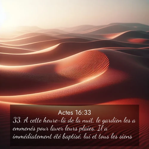 Segond21 Actes  ; image nature: image avec le verset biblique :A cette heure-là de la nuit, le gardien les a emmenés pour laver leurs plaies. Il a immédiatement été baptisé, lui et tous les siens. ;  ; 16:33