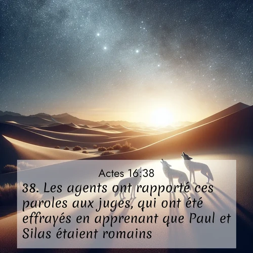Segond21 Actes  ; image nature: image avec le verset biblique :Les agents ont rapporté ces paroles aux juges, qui ont été effrayés en apprenant que Paul et Silas étaient romains. ;  ; 16:38