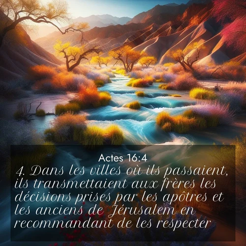 Segond21 Actes  ; image nature: image avec le verset biblique :Dans les villes où ils passaient, ils transmettaient aux frères les décisions prises par les apôtres et les anciens de Jérusalem en recommandant de les respecter. ;  ; 16:4
