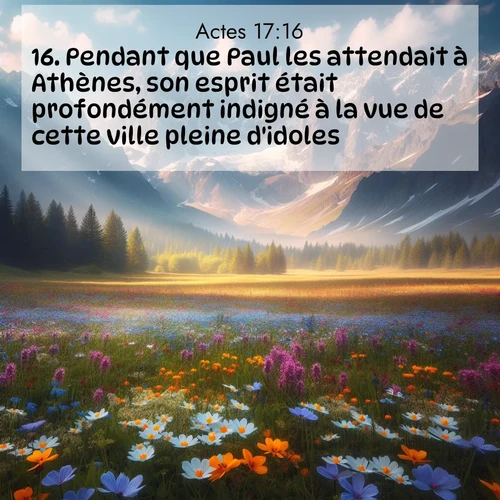 Segond21 Actes  ; image nature: image avec le verset biblique :Pendant que Paul les attendait à Athènes, son esprit était profondément indigné à la vue de cette ville pleine d&#039;idoles. ;  ; 17:16