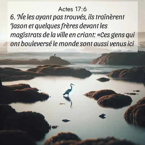 Segond21 Actes  ; image nature: image avec le verset biblique :Ne les ayant pas trouvés, ils traînèrent Jason et quelques frères devant les magistrats de la ville en criant: «Ces gens qui ont bouleversé le monde sont aussi venus ici, ;  ; 17:6