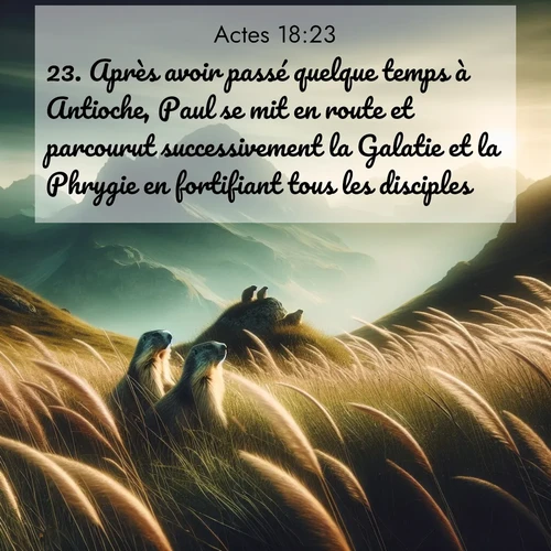 Segond21 Actes  ; image nature: image avec le verset biblique :Après avoir passé quelque temps à Antioche, Paul se mit en route et parcourut successivement la Galatie et la Phrygie en fortifiant tous les disciples. ;  ; 18:23