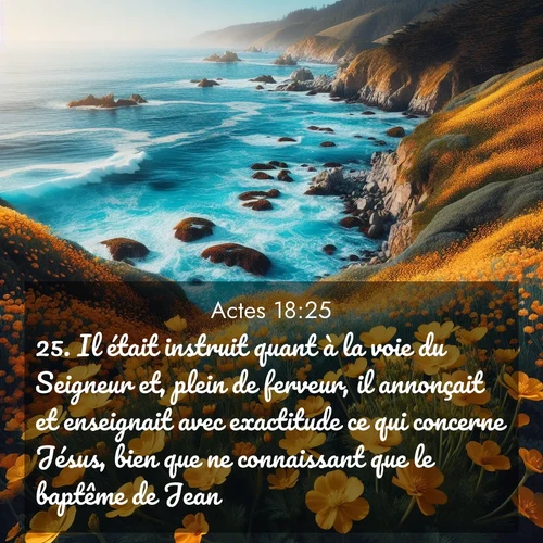 Segond21 Actes  ; image nature: image avec le verset biblique :Il était instruit quant à la voie du Seigneur et, plein de ferveur, il annonçait et enseignait avec exactitude ce qui concerne Jésus, bien que ne connaissant que le baptême de Jean. ;  ; 18:25
