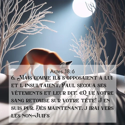 Segond21 Actes  ; image nature: image avec le verset biblique :Mais comme ils s&#039;opposaient à lui et l&#039;insultaient, Paul secoua ses vêtements et leur dit: «Que votre sang retombe sur votre tête! J&#039;en suis pur. Dès maintenant, j&#039;irai vers les non-Juifs.» ;  ; 18:6