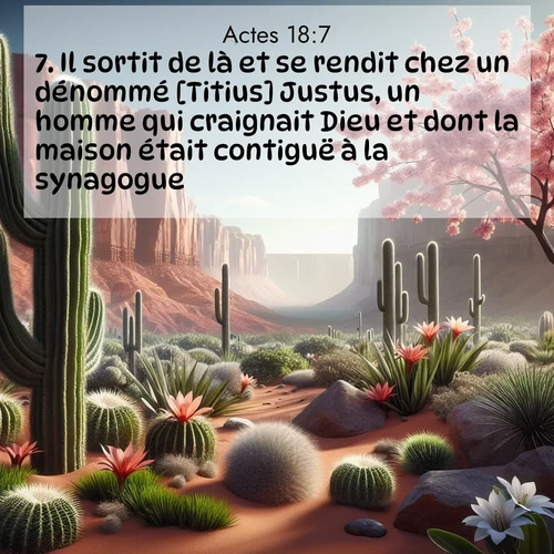 Segond21 Actes  ; image nature: image avec le verset biblique :Il sortit de là et se rendit chez un dénommé [Titius] Justus, un homme qui craignait Dieu et dont la maison était contiguë à la synagogue. ;  ; 18:7